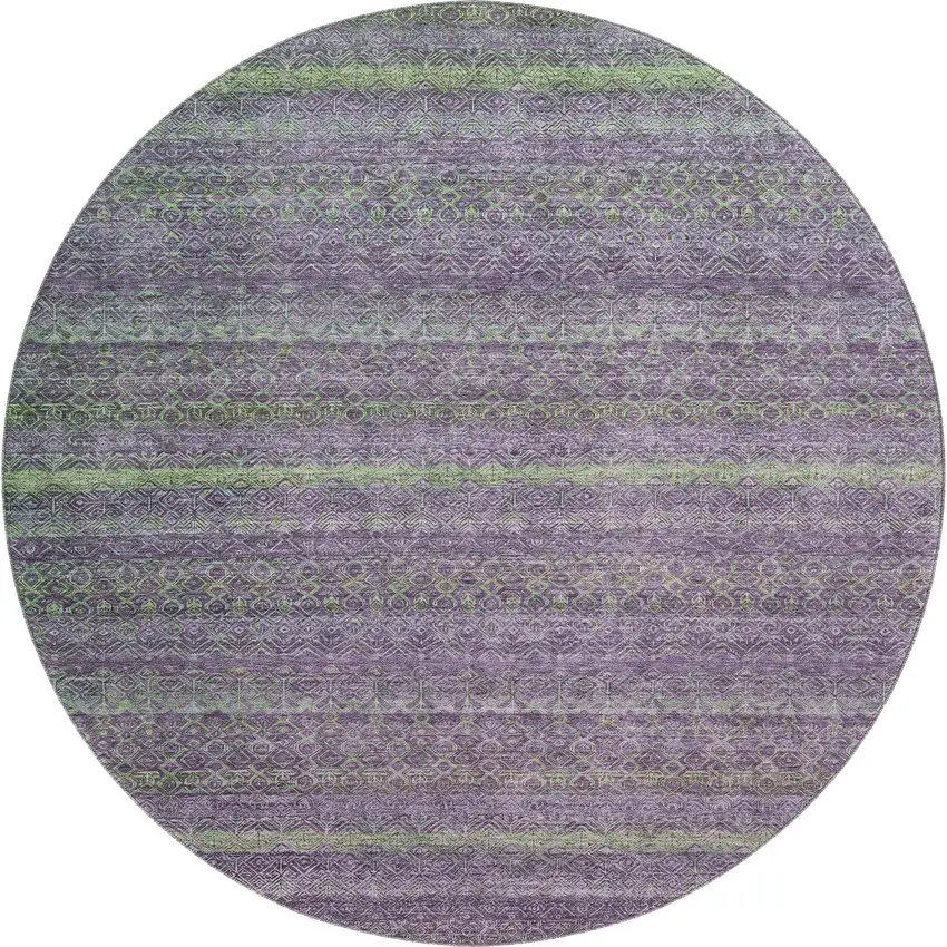 8' Purple And Green Striped Washable Round Rug With UV Protection Photo 1