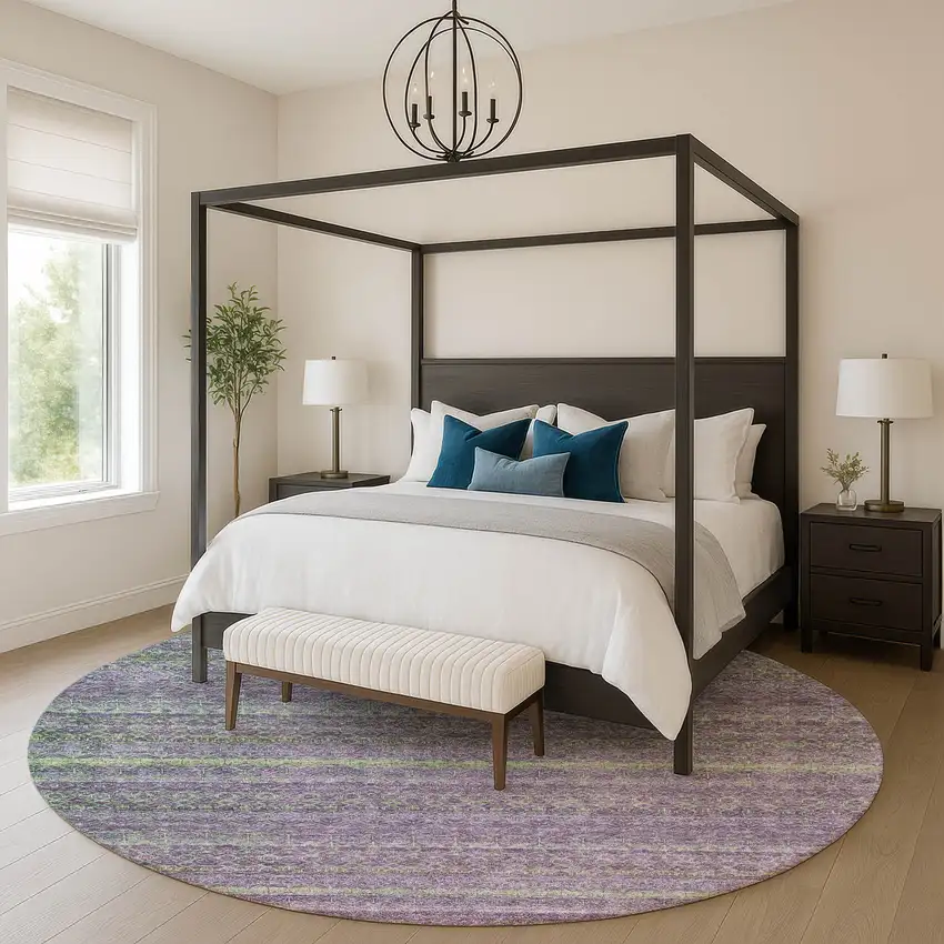 8' Purple And Green Striped Washable Round Rug With UV Protection Photo 5