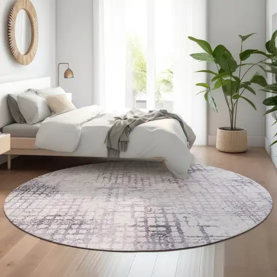 8' Purple And Ivory Abstract Geometric Washable Round Rug With UV Protection Photo 5