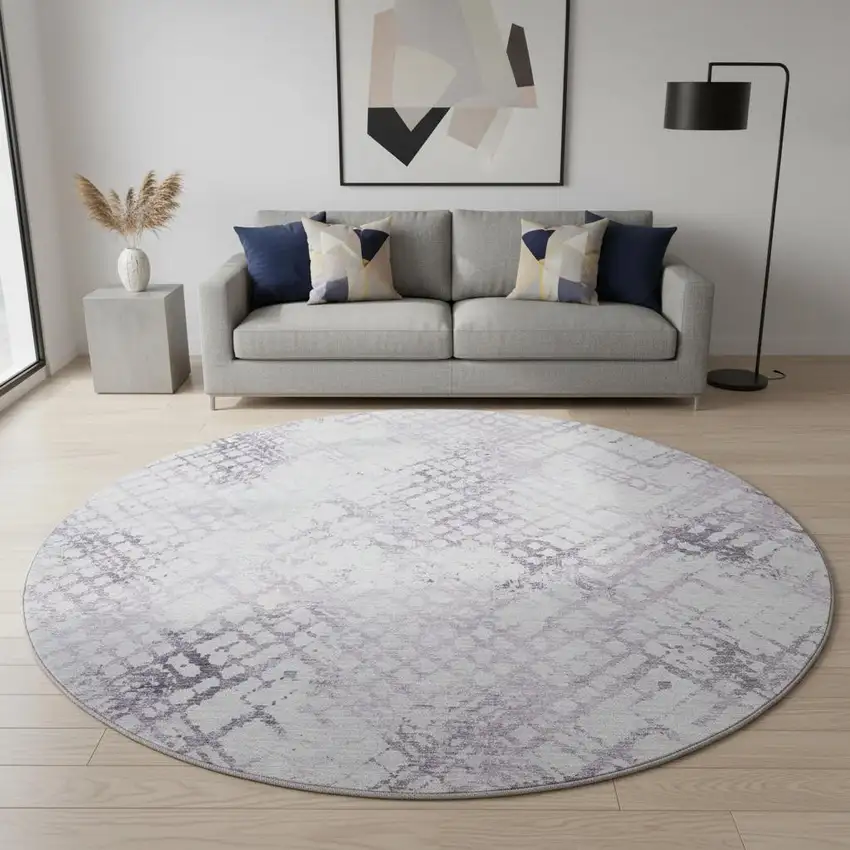 8' Purple And Ivory Abstract Geometric Washable Round Rug With UV Protection Photo 2