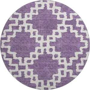 Photo of 8' Purple And Ivory Abstract Geometric Washable Round Rug With UV Protection