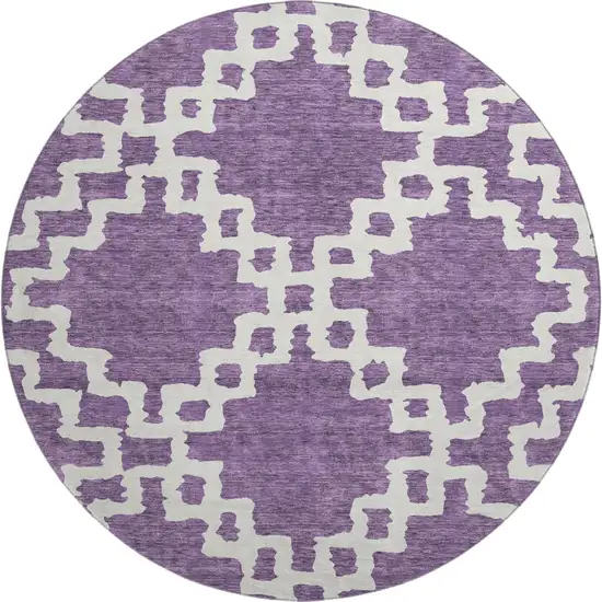 8' Purple And Ivory Abstract Geometric Washable Round Rug With UV Protection Photo 1
