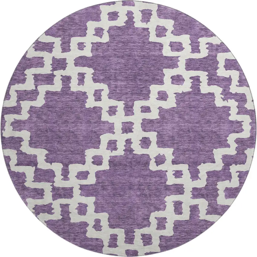 8' Purple And Ivory Abstract Geometric Washable Round Rug With UV Protection Photo 1