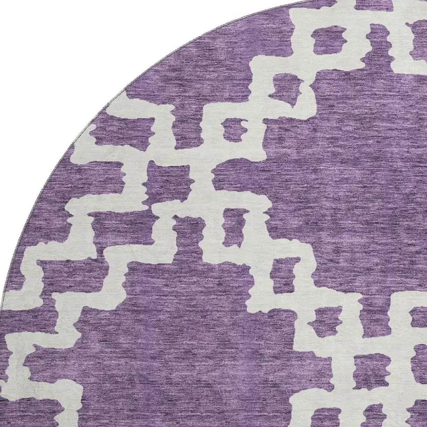 8' Purple And Ivory Abstract Geometric Washable Round Rug With UV Protection Photo 3
