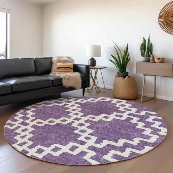 8' Purple And Ivory Abstract Geometric Washable Round Rug With UV Protection Photo 5