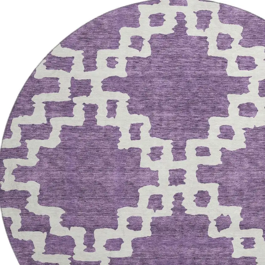 8' Purple And Ivory Abstract Geometric Washable Round Rug With UV Protection Photo 4