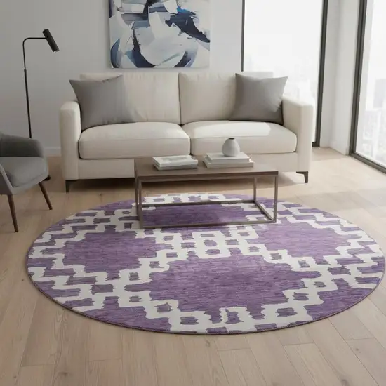 8' Purple And Ivory Abstract Geometric Washable Round Rug With UV Protection Photo 2
