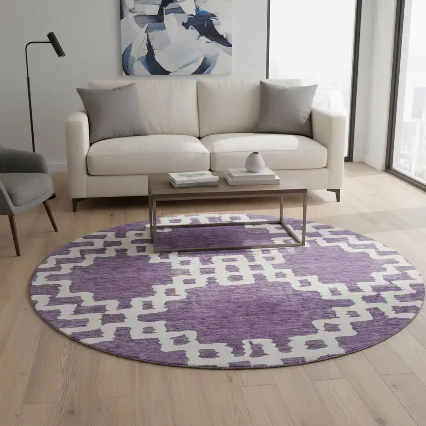 8' Purple And Ivory Abstract Geometric Washable Round Rug With UV Protection Photo 2