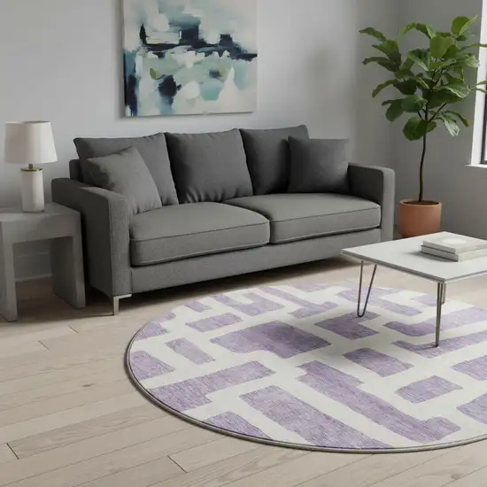 8' Purple And Ivory Abstract Geometric Washable Round Rug With UV Protection Photo 2