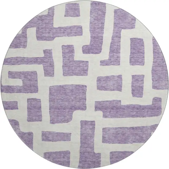 8' Purple And Ivory Abstract Geometric Washable Round Rug With UV Protection Photo 1