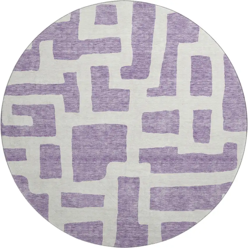 8' Purple And Ivory Abstract Geometric Washable Round Rug With UV Protection Photo 1