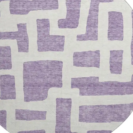 8' Purple And Ivory Abstract Geometric Washable Round Rug With UV Protection Photo 3