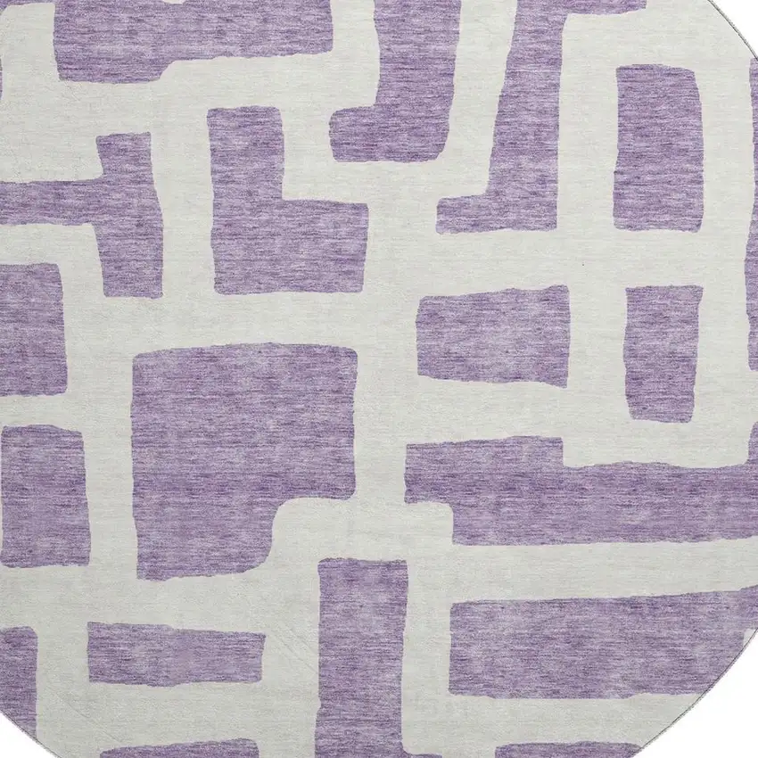 8' Purple And Ivory Abstract Geometric Washable Round Rug With UV Protection Photo 3