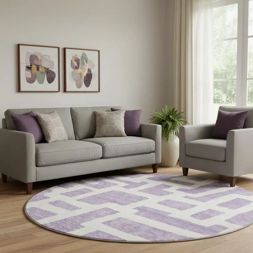 8' Purple And Ivory Abstract Geometric Washable Round Rug With UV Protection Photo 1