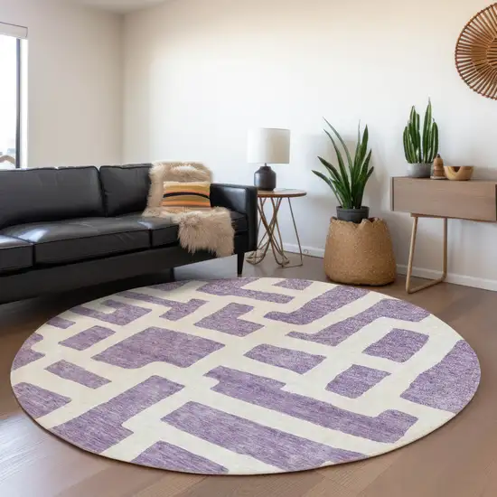 8' Purple And Ivory Abstract Geometric Washable Round Rug With UV Protection Photo 5
