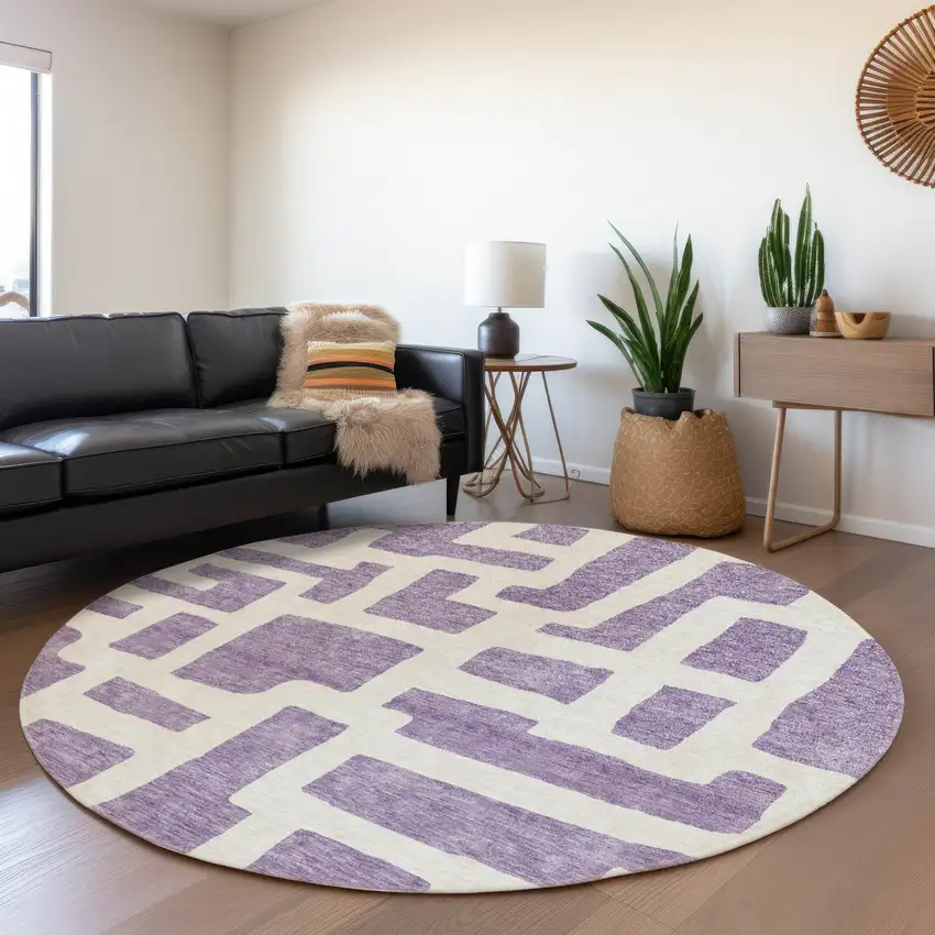 8' Purple And Ivory Abstract Geometric Washable Round Rug With UV Protection Photo 5