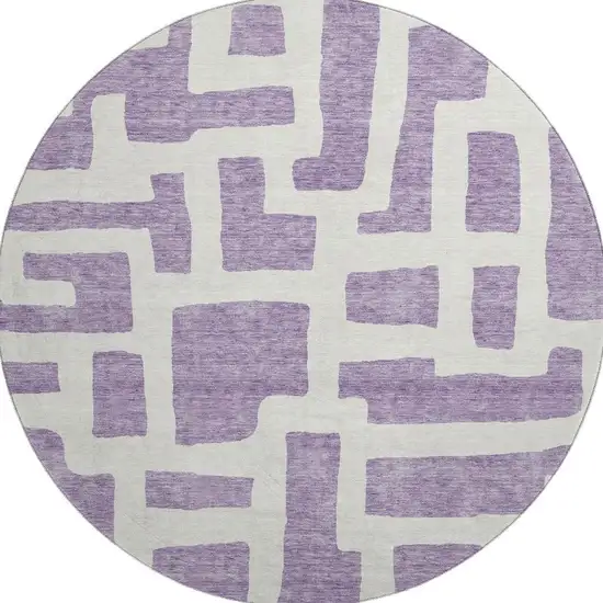 8' Purple And Ivory Abstract Geometric Washable Round Rug With UV Protection Photo 4