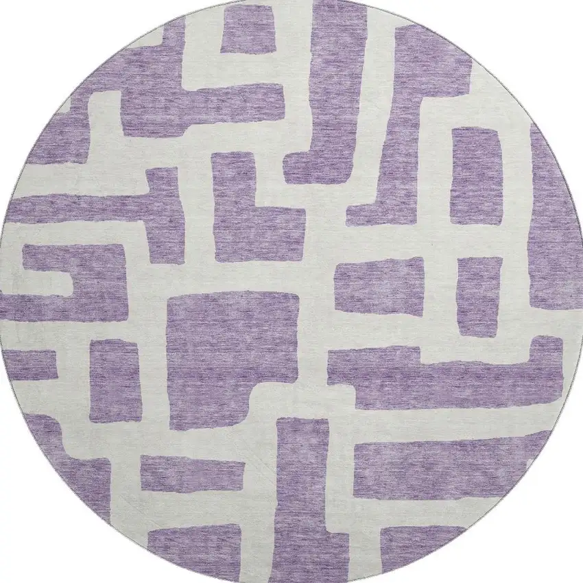 8' Purple And Ivory Abstract Geometric Washable Round Rug With UV Protection Photo 4