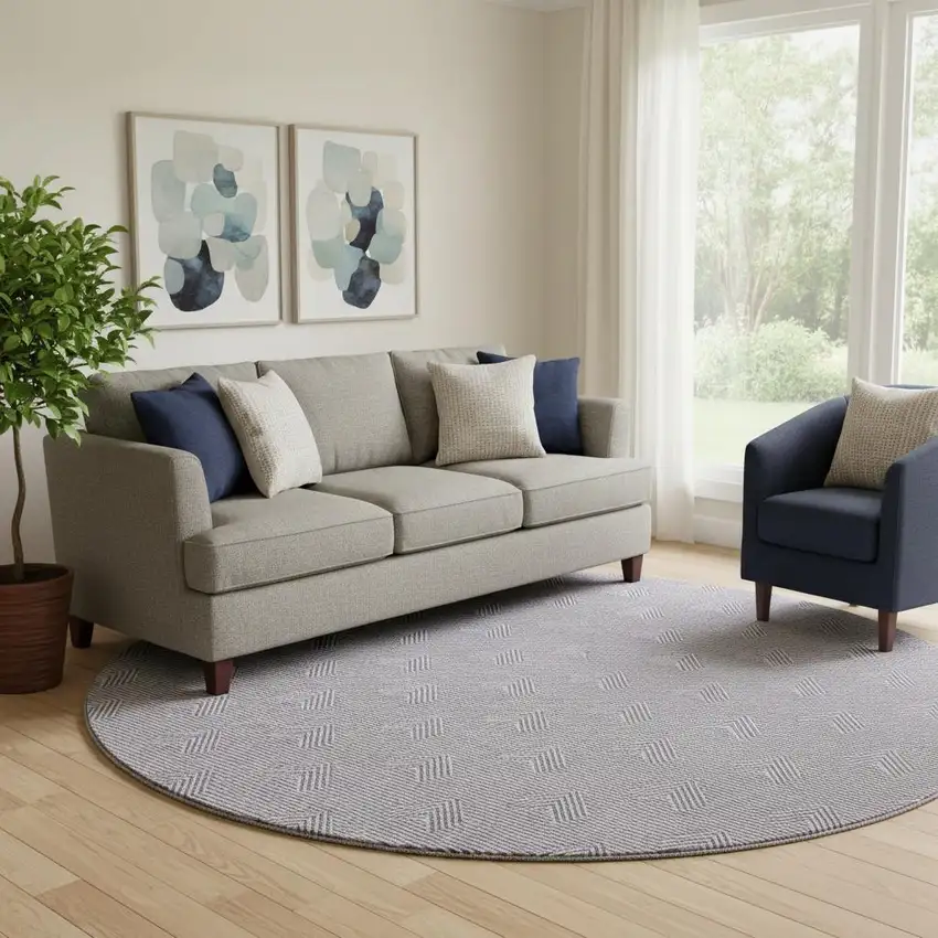 8' Purple And Ivory Abstract Geometric Washable Round Rug With UV Protection Photo 1