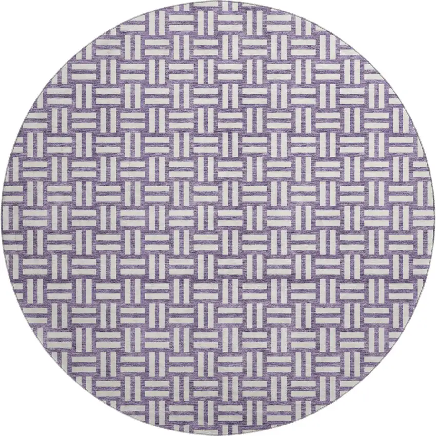 8' Purple And Ivory Abstract Geometric Washable Round Rug With UV Protection Photo 1
