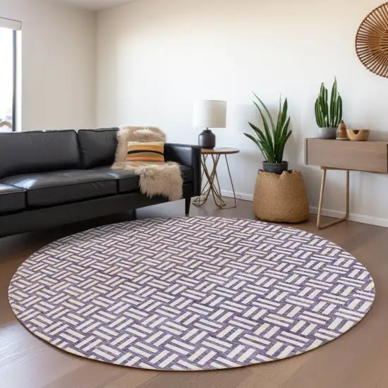 8' Purple And Ivory Abstract Geometric Washable Round Rug With UV Protection Photo 4