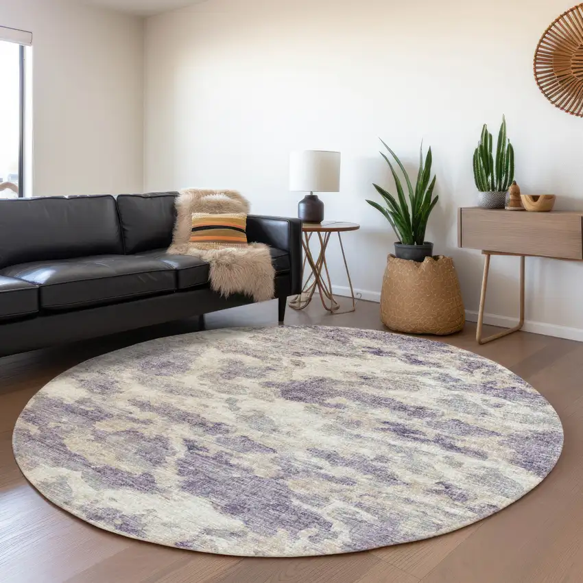 8' Purple And Ivory Abstract Washable Round Rug With UV Protection Photo 6
