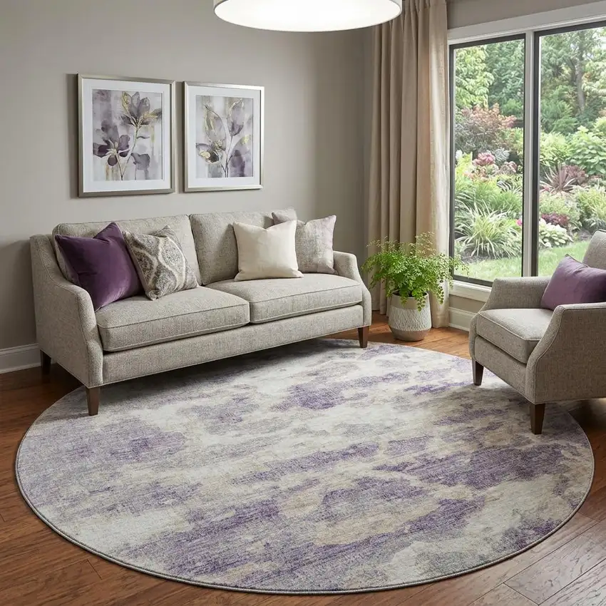 8' Purple And Ivory Abstract Washable Round Rug With UV Protection Photo 1