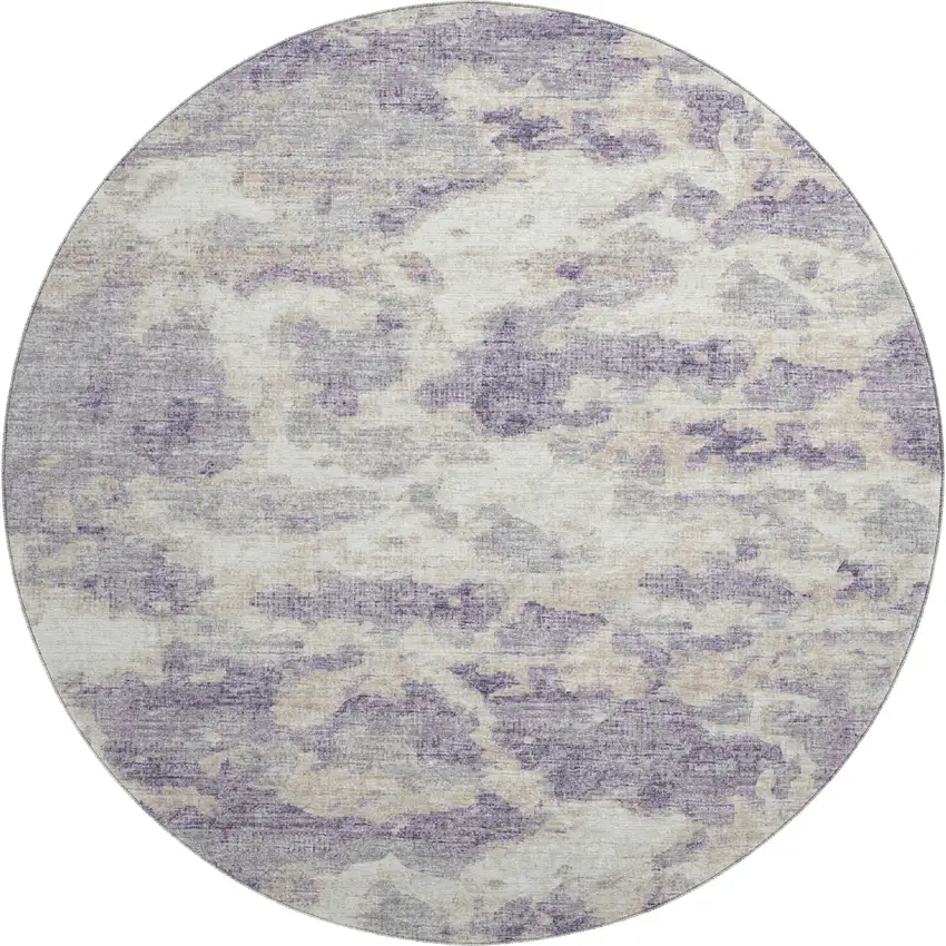 8' Purple And Ivory Abstract Washable Round Rug With UV Protection Photo 2