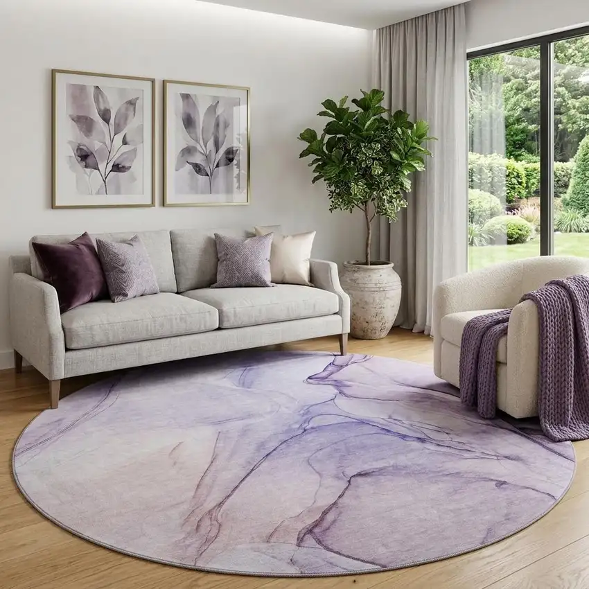 8' Purple And Ivory Abstract Washable Round Rug With UV Protection Photo 1