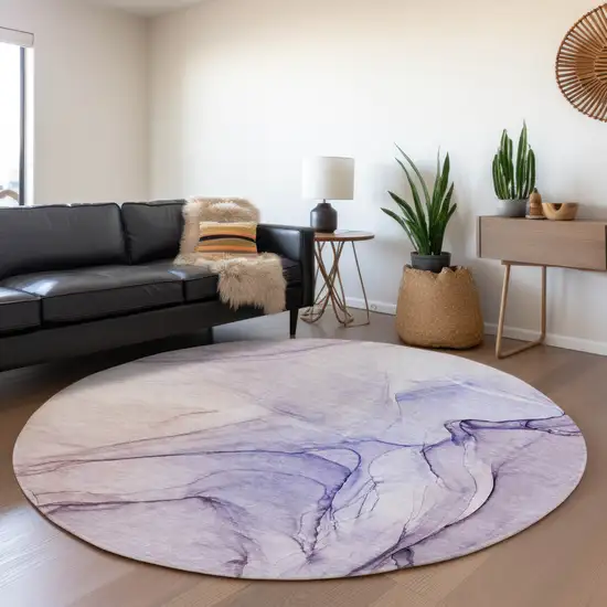 8' Purple And Ivory Abstract Washable Round Rug With UV Protection Photo 5