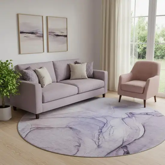 8' Purple And Ivory Abstract Washable Round Rug With UV Protection Photo 1