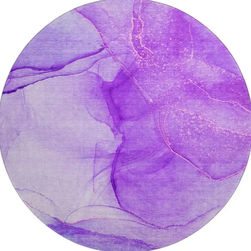 8' Purple And Ivory Abstract Washable Round Rug With UV Protection Photo 4