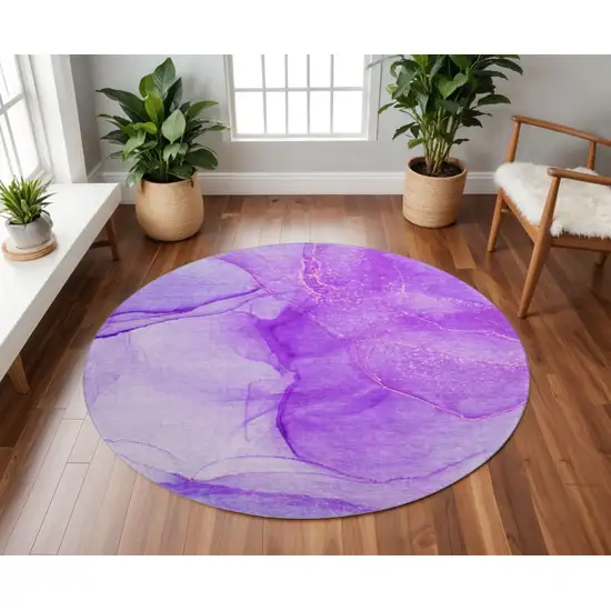 8' Purple And Ivory Abstract Washable Round Rug With UV Protection Photo 2