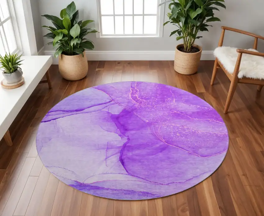 8' Purple And Ivory Abstract Washable Round Rug With UV Protection Photo 2