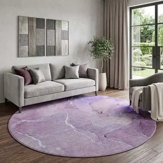 8' Purple And Ivory Abstract Washable Round Rug With UV Protection Photo 1