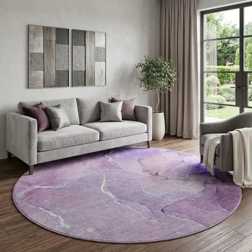 8' Purple And Ivory Abstract Washable Round Rug With UV Protection Photo 1