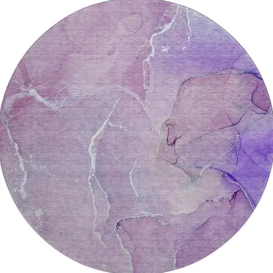 8' Purple And Ivory Abstract Washable Round Rug With UV Protection Photo 4
