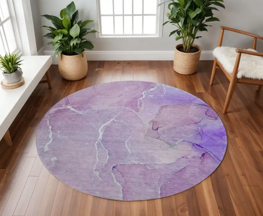 8' Purple And Ivory Abstract Washable Round Rug With UV Protection Photo 2