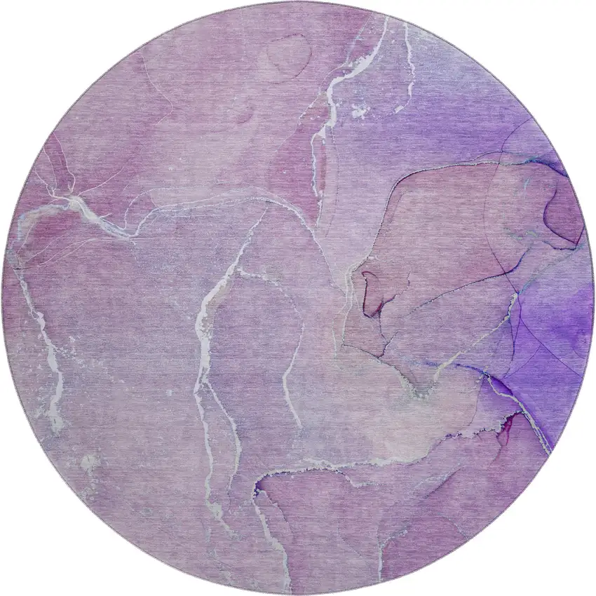 8' Purple And Ivory Abstract Washable Round Rug With UV Protection Photo 2