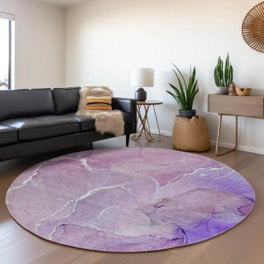 8' Purple And Ivory Abstract Washable Round Rug With UV Protection Photo 5