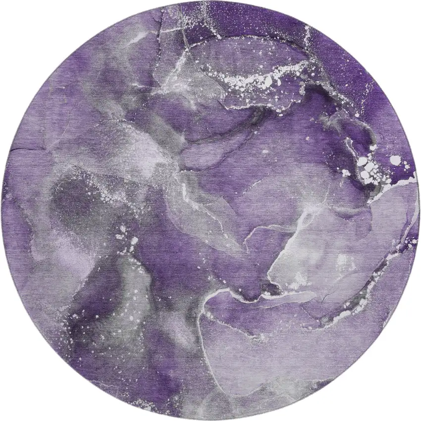 8' Purple And Ivory Abstract Washable Round Rug With UV Protection Photo 1