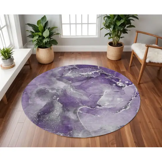 8' Purple And Ivory Abstract Washable Round Rug With UV Protection Photo 2