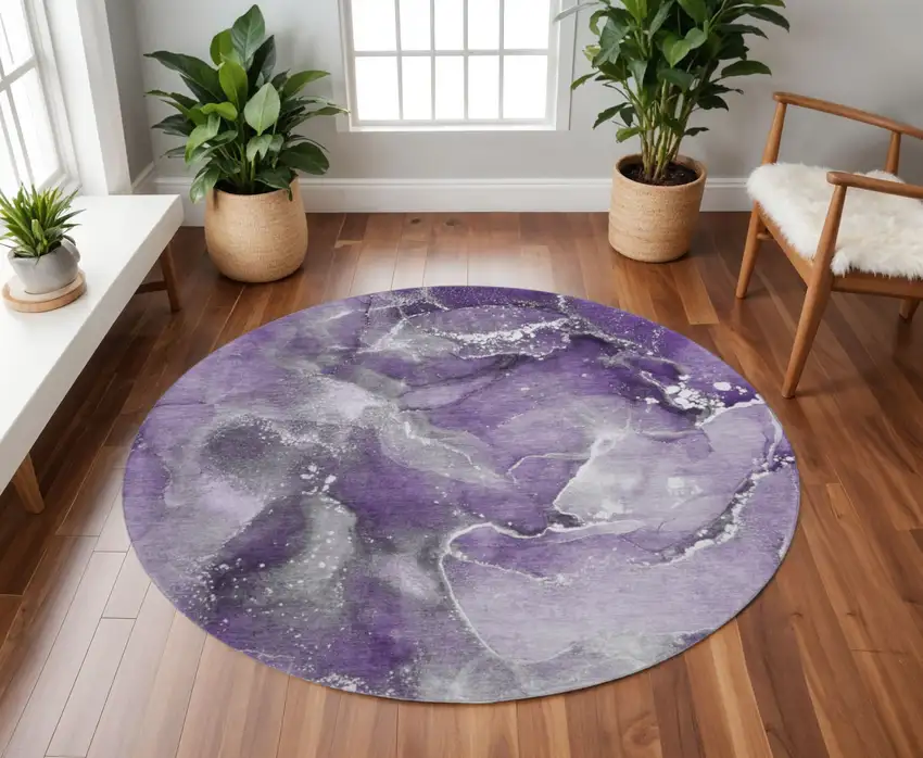 8' Purple And Ivory Abstract Washable Round Rug With UV Protection Photo 2