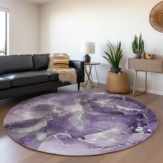 8' Purple And Ivory Abstract Washable Round Rug With UV Protection Photo 5