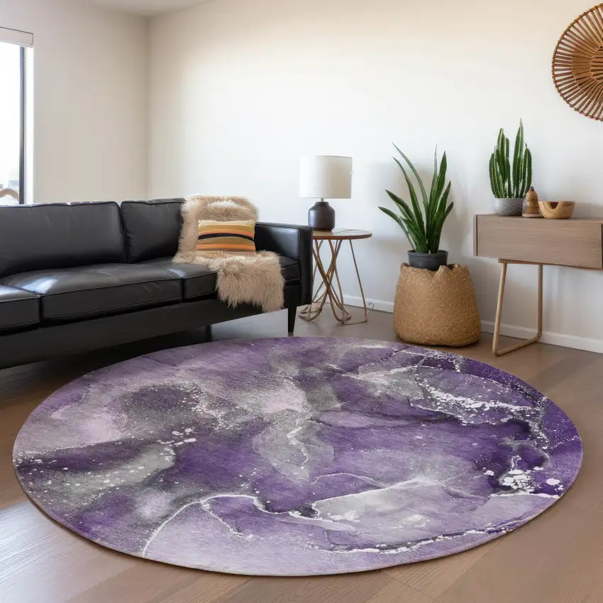 8' Purple And Ivory Abstract Washable Round Rug With UV Protection Photo 5