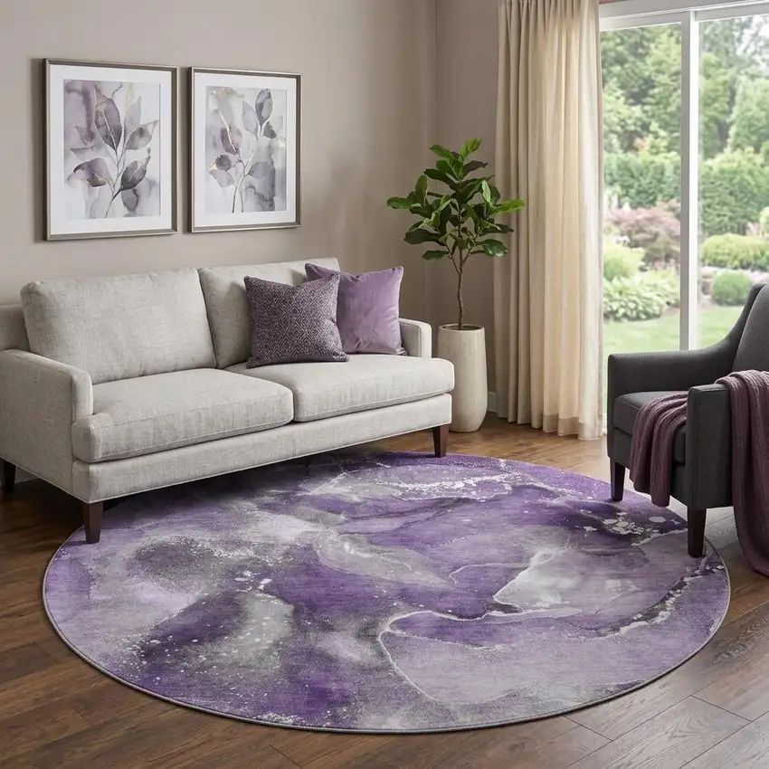 8' Purple And Ivory Abstract Washable Round Rug With UV Protection Photo 1