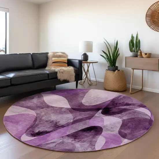8' Purple And Ivory Abstract Washable Round Rug With UV Protection Photo 5