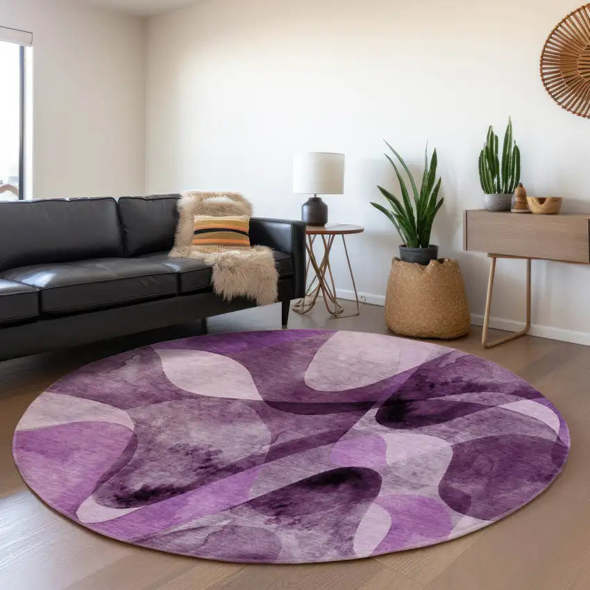 8' Purple And Ivory Abstract Washable Round Rug With UV Protection Photo 5