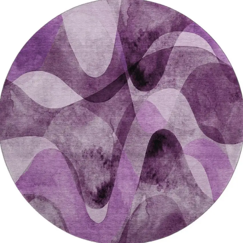 8' Purple And Ivory Abstract Washable Round Rug With UV Protection Photo 4