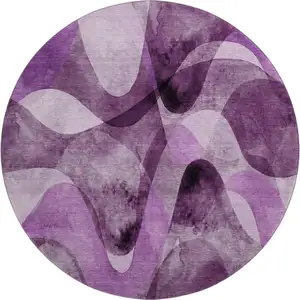 Photo of 8' Purple And Ivory Abstract Washable Round Rug With UV Protection